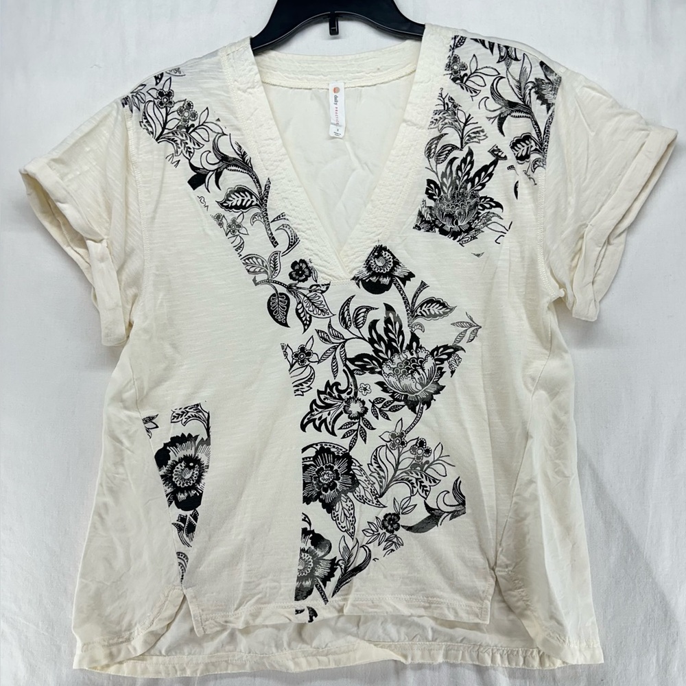 Anthropologie Daily Practice V-Neck Floral Short-Sleeve Top Cream Women’s Small - Picture 2 of 8